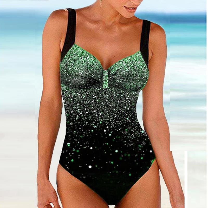 Women's Shoulder Strap Swimsuit Blue Shiny Print Bikini Tankini Swimsuit