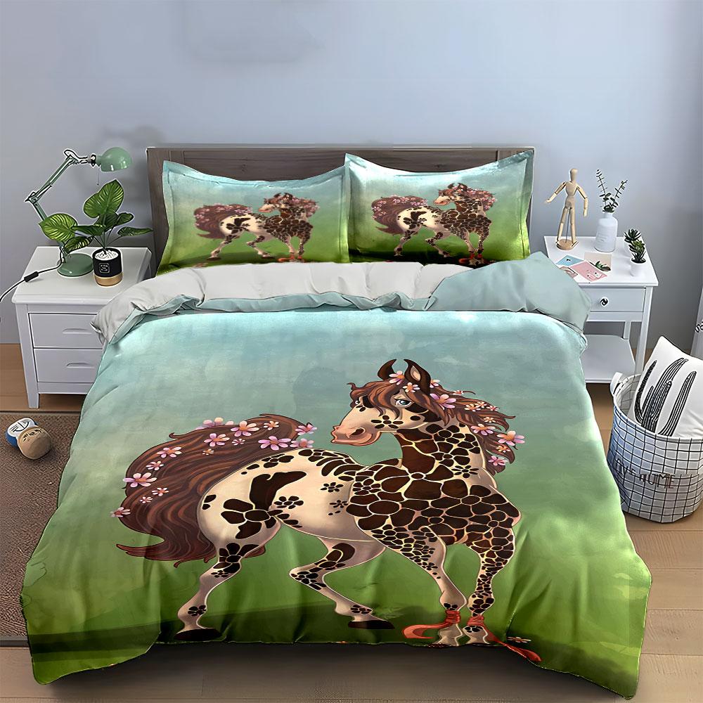 Horse with floral mane. Bedding sets Duvet cover sets Duvet covers Pillowcases(1* Duvet Cover 2* Pillowcases without duvet insert)