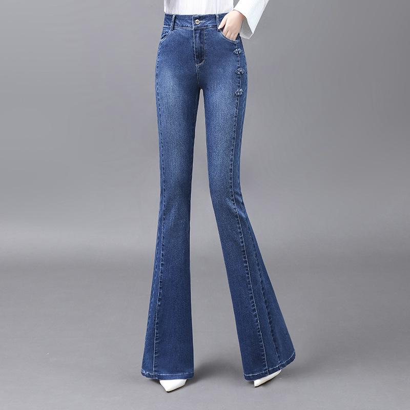 Женские облегающие расклешенные джинсы с высокой талией 2023 года — длина до пола и эластичные
