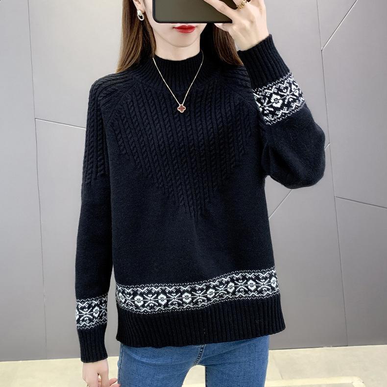Осенне-зимний женский свитер с полувысоким воротником, свободный, толстый пуловер, вязаный топ, жаккардовый, эластичный вязаный топ, джемпер.