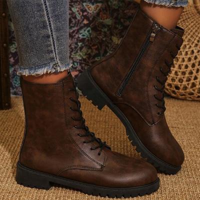 Модная женская обувь Британские однотонные ботильоны на молнии для женщин Осень Зима Круглый носок На шнуровке Короткие ботинки Женские туфли из искусственной кожи Zapatos