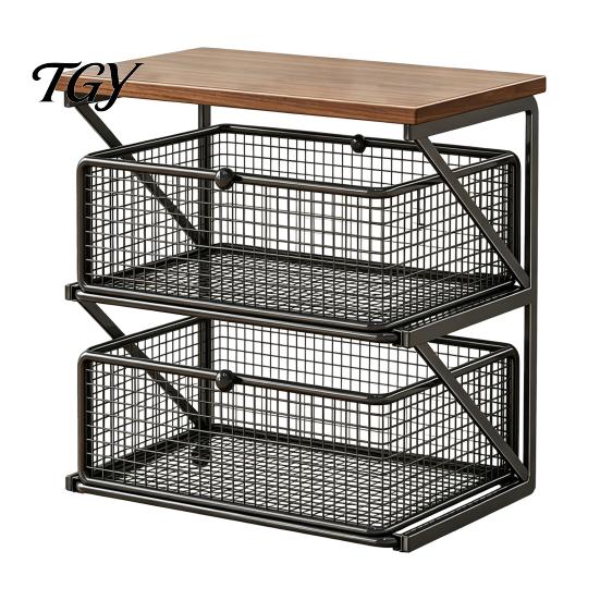 Compact Coffee Organizer Station with Drawer, Tiered Bar Organizer, Wooden Top Shelf, Desktop Storage Shelf Wire Mesh Drawers for Tea Bags, Capsules,