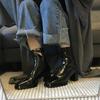 Women's High Heel Ankle Boots Square Toe Patent Leather Zipper Short Boots Woman Solid Color Chunky Mid Heel Botas Mujer