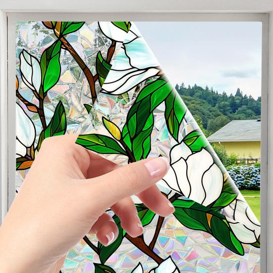 Flower Window Privacy Film Double-sided Stained Glass Rainbow Window Film Sun Blocking Static Covering Cling Sticker PVC Window Door Decorative
