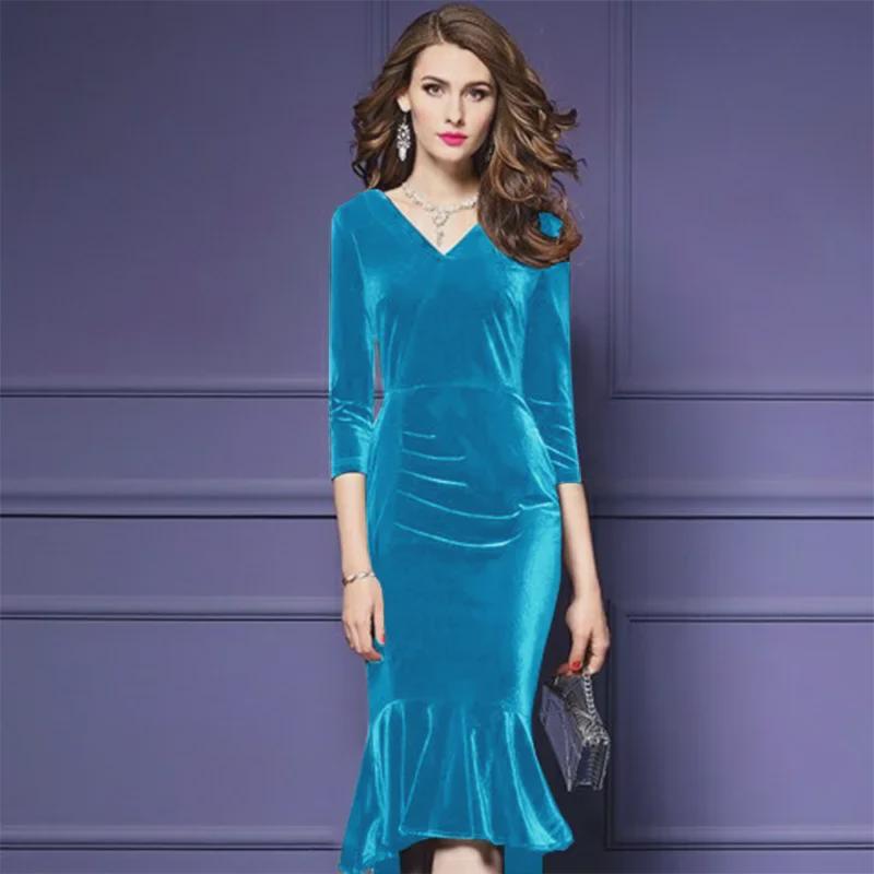 2022 Autumn/Winter Women's Gold Velvet V-Neck Slim Fishtail Dress