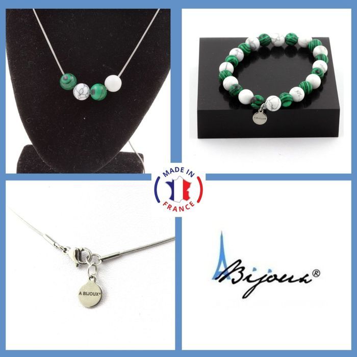 Pierres et Minéraux. Parure Bracelet Collier 4 Perles Howlite + Malachite 8 mm. Chaine en Taille personnalisable.