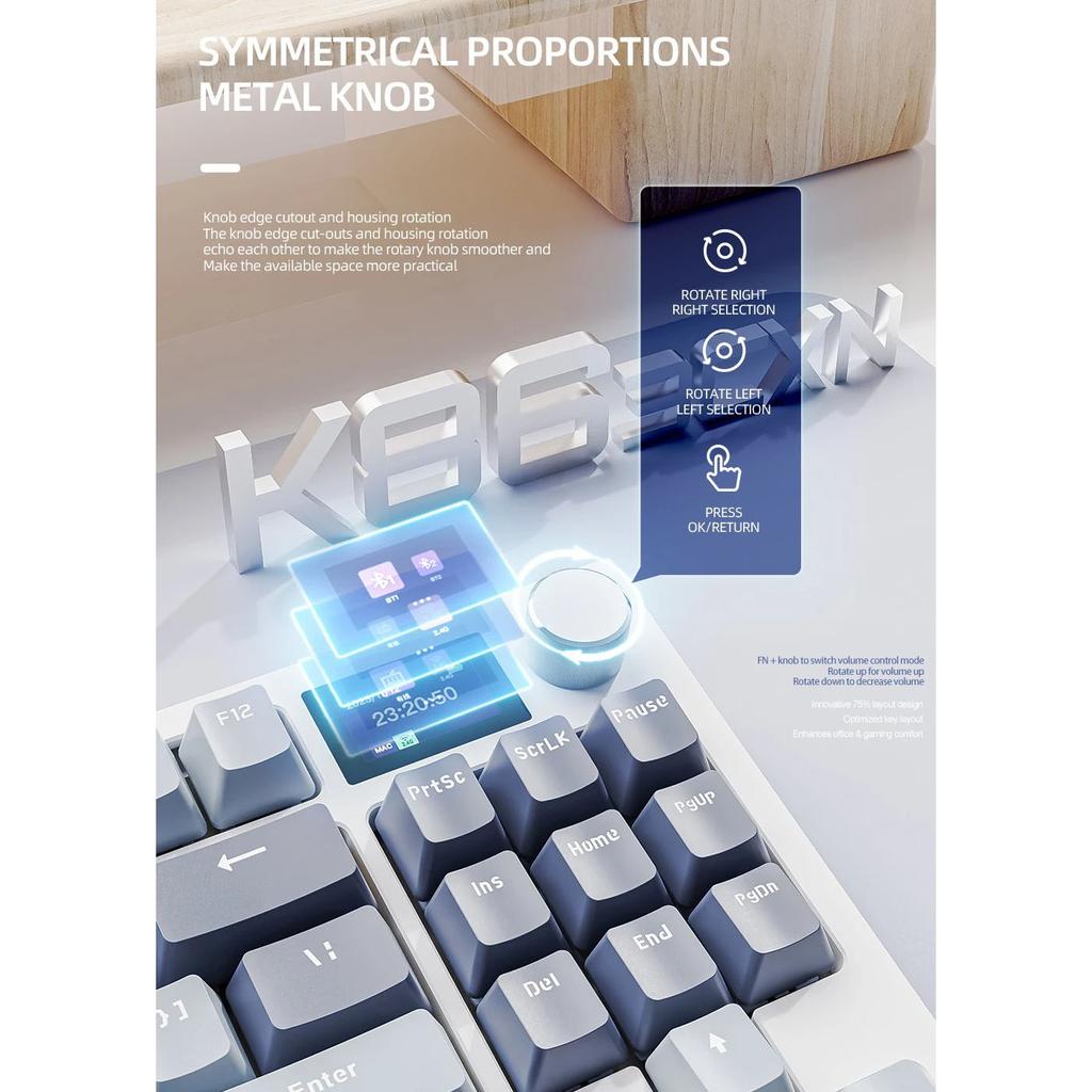 K86 Беспроводная механическая клавиатура с возможностью горячей замены Bluetooth/2,4g с экраном дисплея и поворотной кнопкой громкости для игр и работы