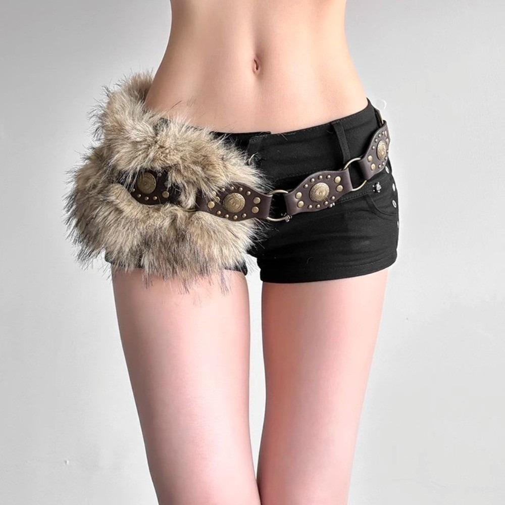 Studded Design Waist Chain Faux Fur Fur Waistband Fashion PU Leather Fur Belt Women's Accessories