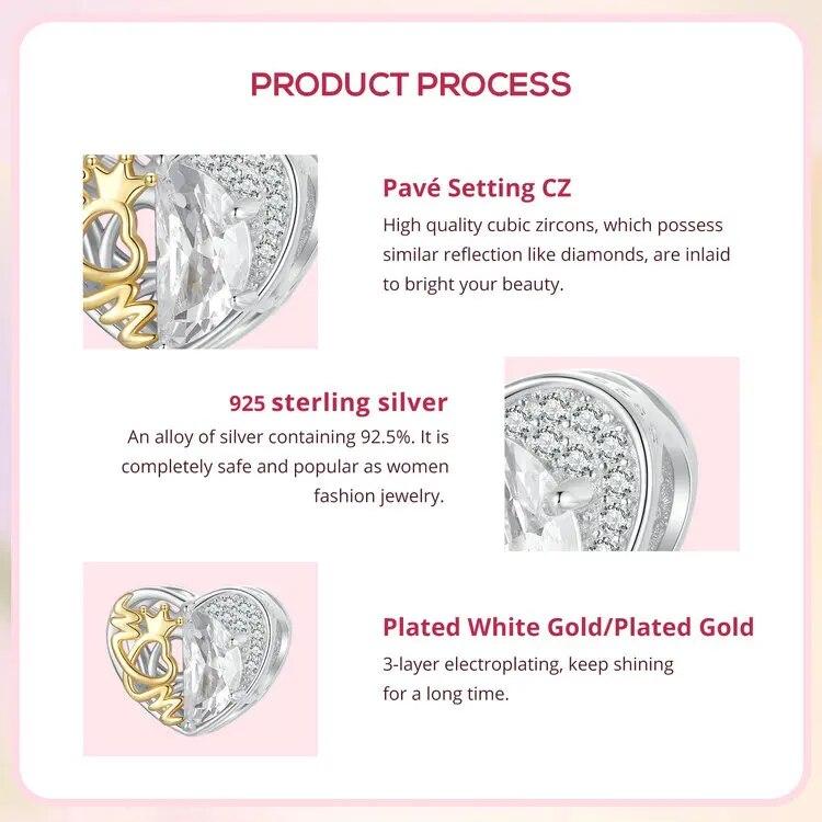WOSTU 925 Sterling Silver Mother's Day Gold Charm Heart Wing Pendant Cross Tree Stopper Beads Fit Original Bracelet Guard Gift