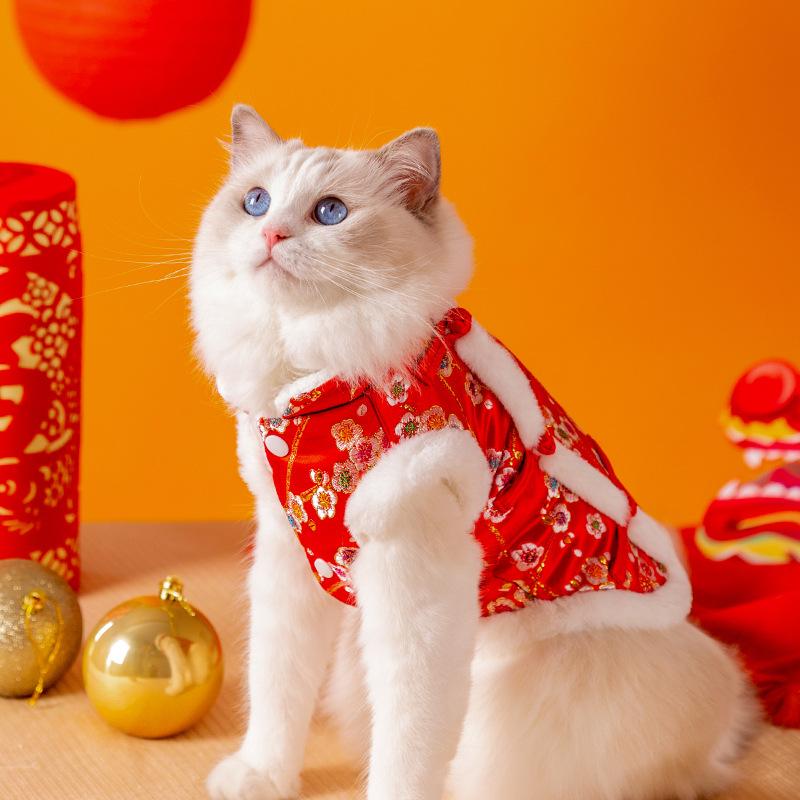 New Year's pet clothes bronzing and velvet to keep warm and festive New Year's winter two-legged vest cat puppy dog clothing