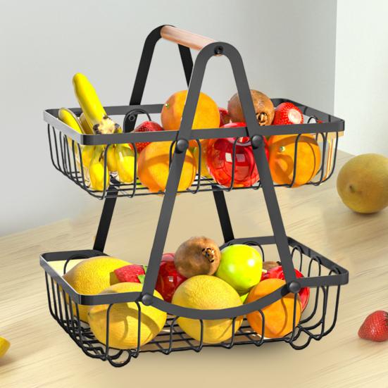 Двухслойная корзина для фруктов с деревянной ручкой, многофункциональная стойка для хранения, органайзер для столешницы, прочная металлическая подставка для фруктов