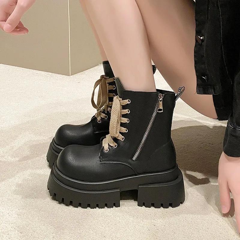 Модные женские ботильоны на толстой подошве 7 см, кожаные мотоциклетные ботинки на платформе, высокие каблуки, ботинки на танкетке, зимняя обувь в стиле панк, женские кроссовки