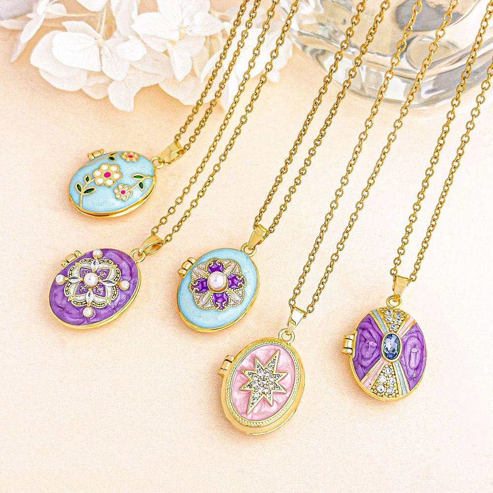 Pearls Enamel Necklace Openable Gold Clavicle Chain Jewelry Accessories Glazed Flower Choker Girl