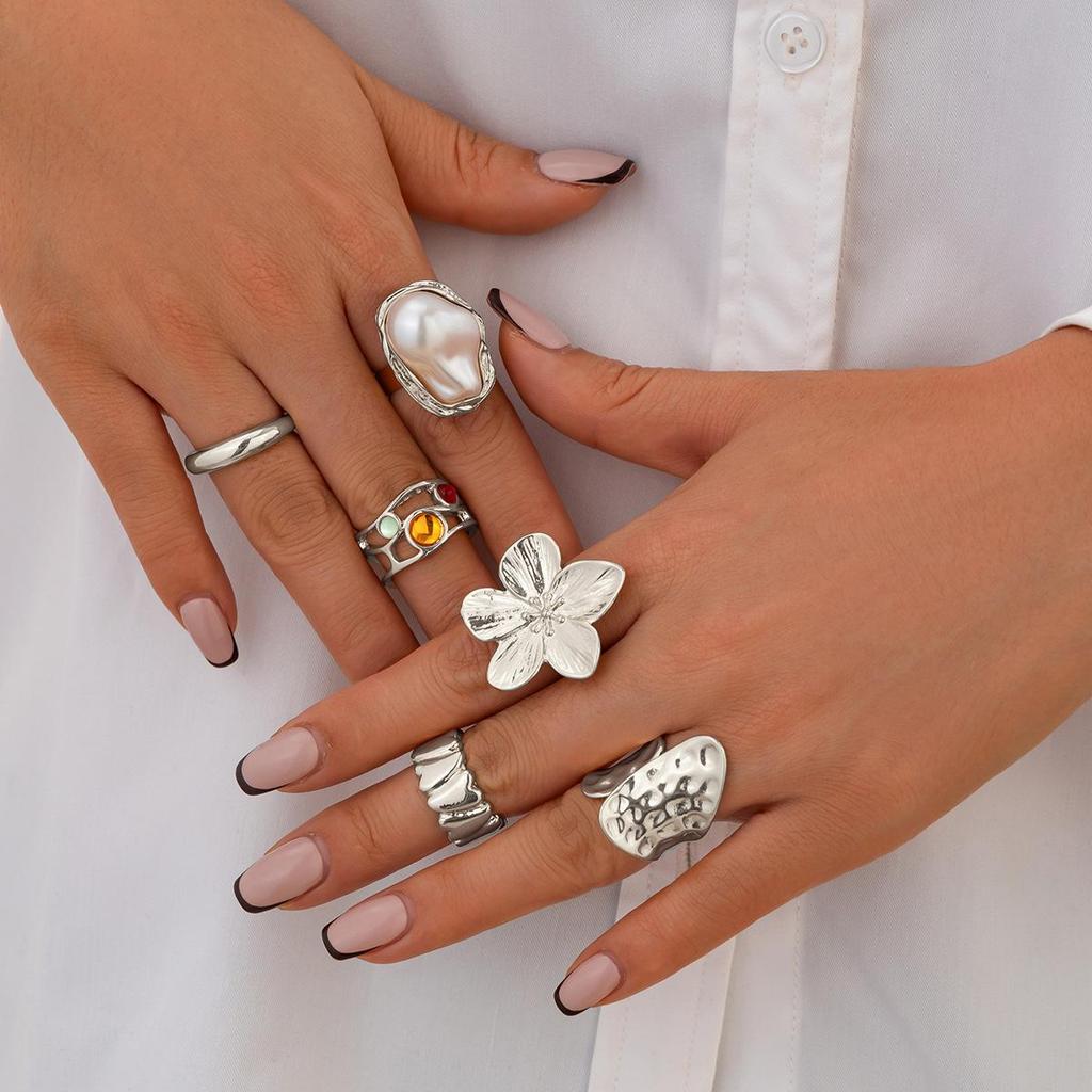 Colorful Crystal Stone Flower Joint Ring Sets for Women Baroque Plastic Simulation Pearl Stone Opening Rings Jewelry Bijoux