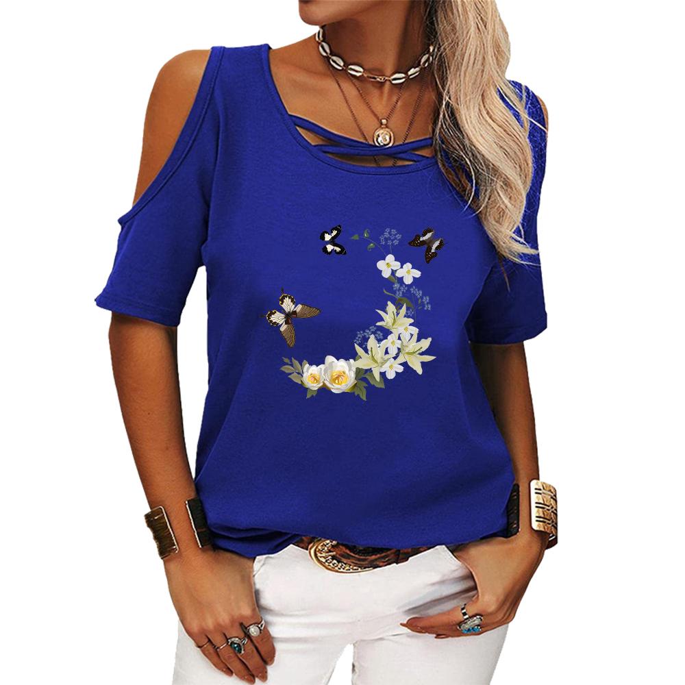 Women Fashion Round Neck Short Sleeve Top Ladies Summer Casual Off Shoulder Floral Printed T-shirt