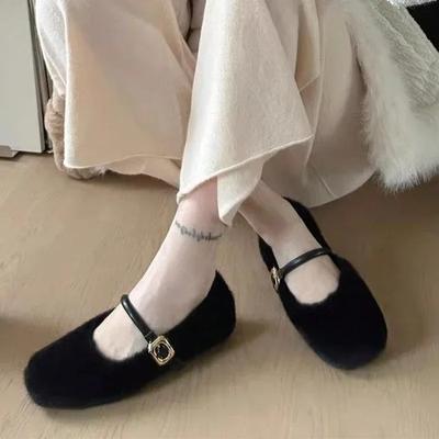 2025 Меховые балетки Танцевальная обувь Повседневные короткие плюшевые сапоги Модные новые неглубокие квадратные носки Zapatos Платье Прогулочная дизайнерская обувь