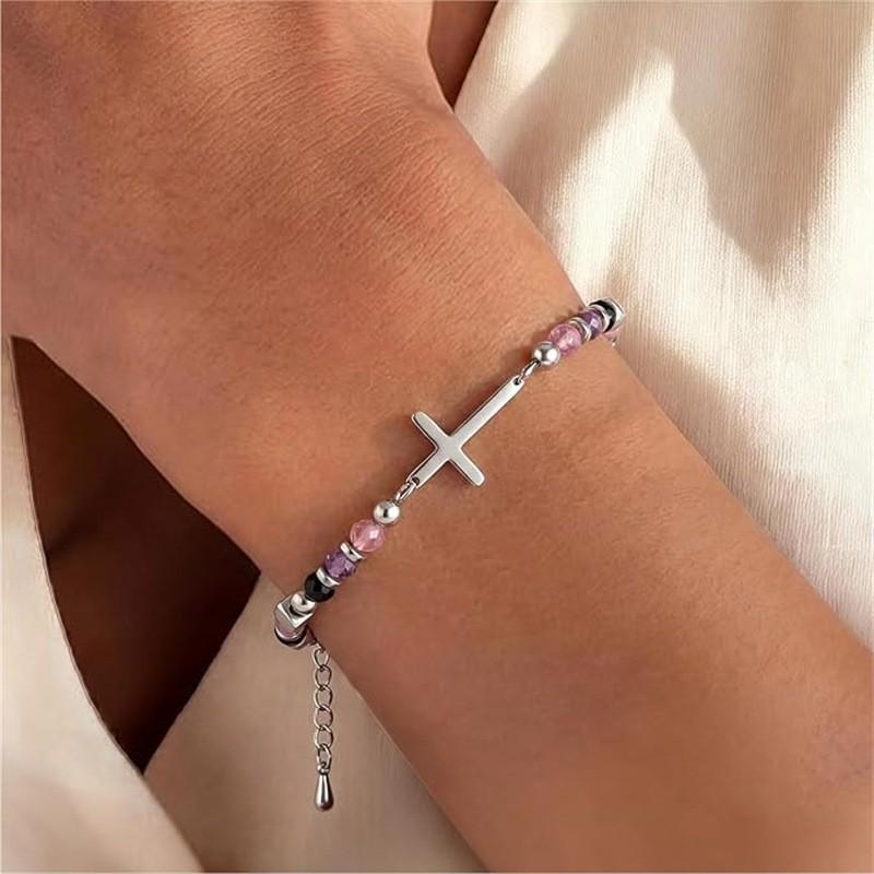 New Beaded Stainless Steel Cross Bracelet Female Lobster Buckle Adjustable Ladies Crystal Bracelet Bracelet Female