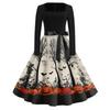 Women's Casual Vintage Halloween Print Dress Square Neck Long Sleeve Fit Flare Midi Dress with Waist Tie for Seasonal Occasion