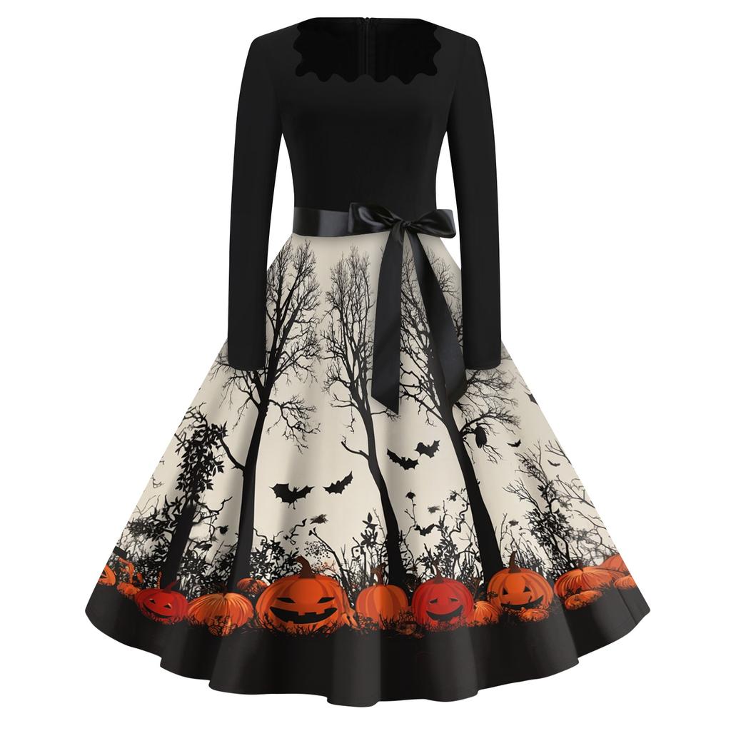Women's Casual Vintage Halloween Print Dress Square Neck Long Sleeve Fit Flare Midi Dress with Waist Tie for Seasonal Occasion