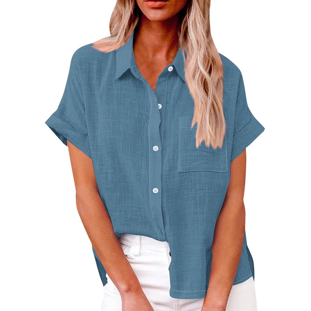 Women's Loose Casual Short Sleeve Lapel Button With Pocket Solid Colour Shirt Top