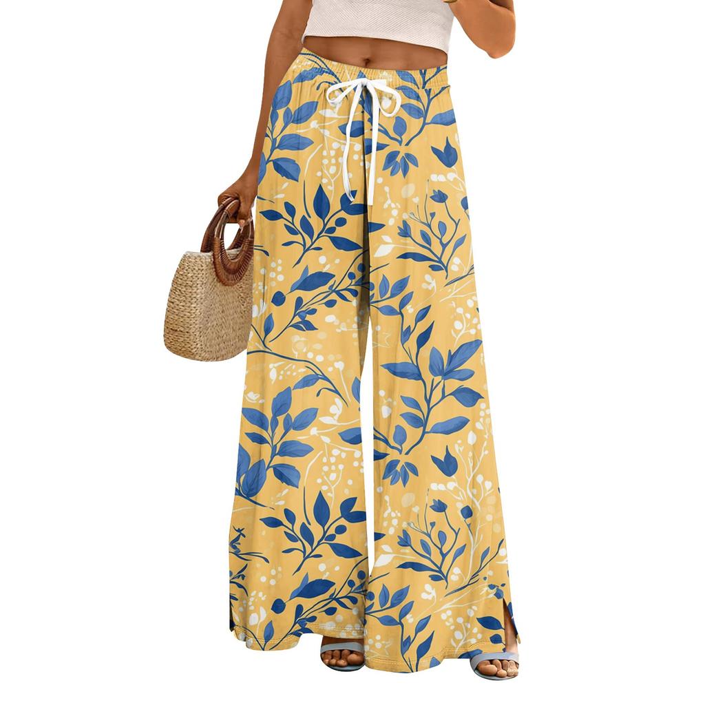 Женские свободные повседневные брюки с цветочным принтом и широкими штанинами, с эластичной талией на кулиске и карманами