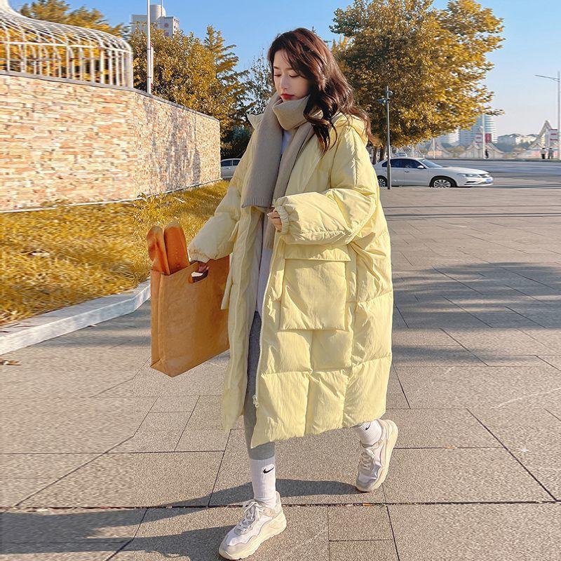 Womens Long Puffer Jacket Casual Loose Fit Light Yellow Hooded Warm Winter Coat