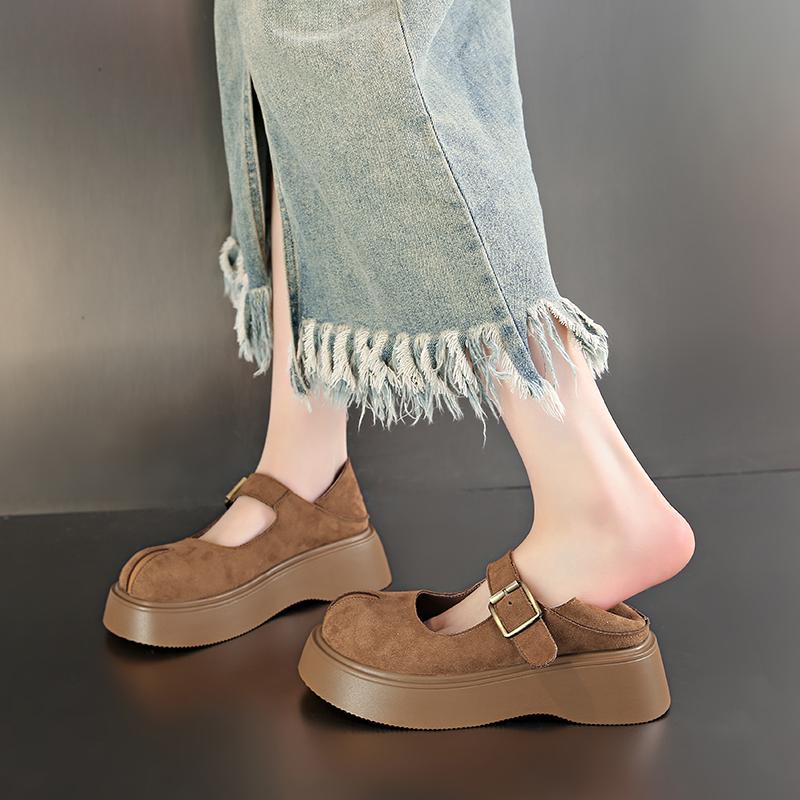 Модная женская обувь на толстой подошве, одинарная обувь, весна, новая, круглый носок, с мелким вырезом, замшевая, с металлической пряжкой, противоскользящая, износостойкая, низкая