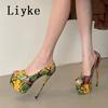 Fashion Liyke 2025 New Sexy Mixed Color Snake Print Platform Pumps Women Shoes Hollow Out Leather Summer Super High Heels Stiletto Mujer