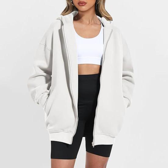 Осень-зима Женское пальто с капюшоном на молнии Однотонный толстый кардиган с карманами Свободный кардиган средней длины для активного отдыха Путешествия Шоппинг Спортивная толстовка с капюшоном