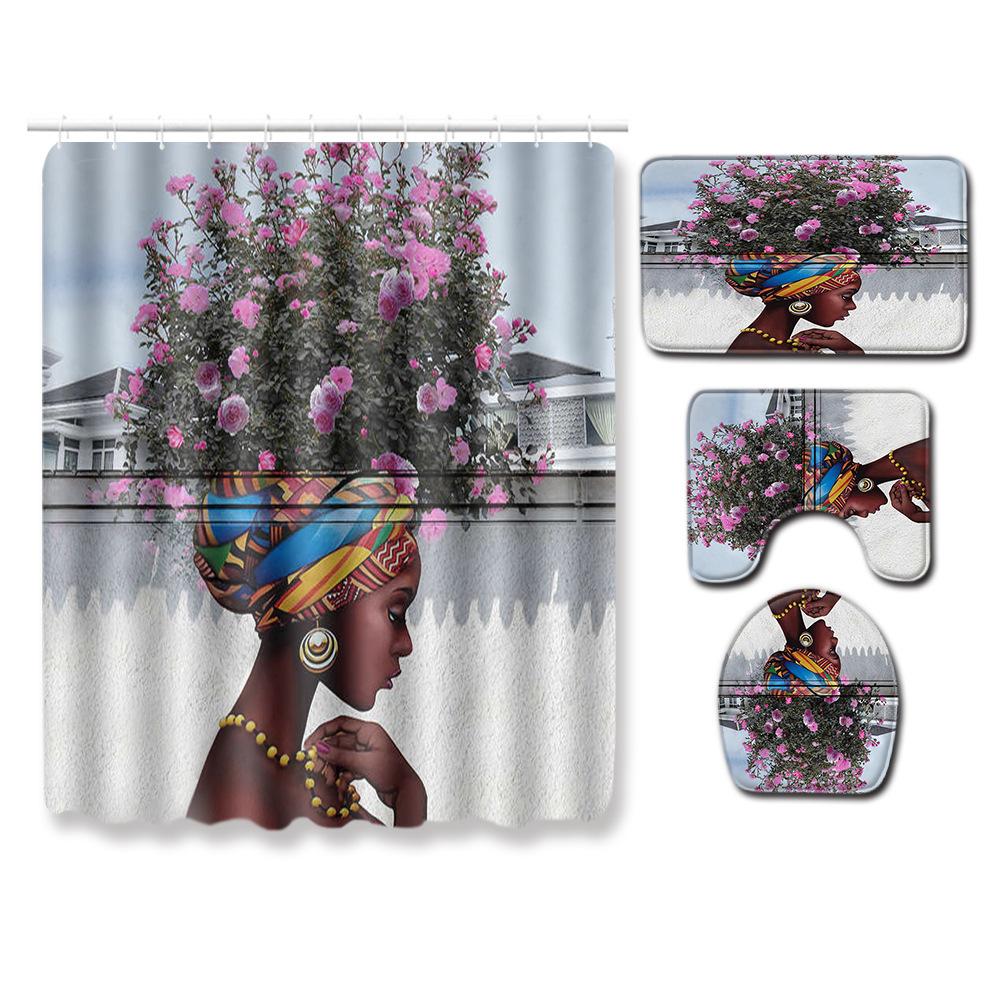 African Woman Digital Printing Creative Shower Curtain Floor Mat Set Bathroom Carpet