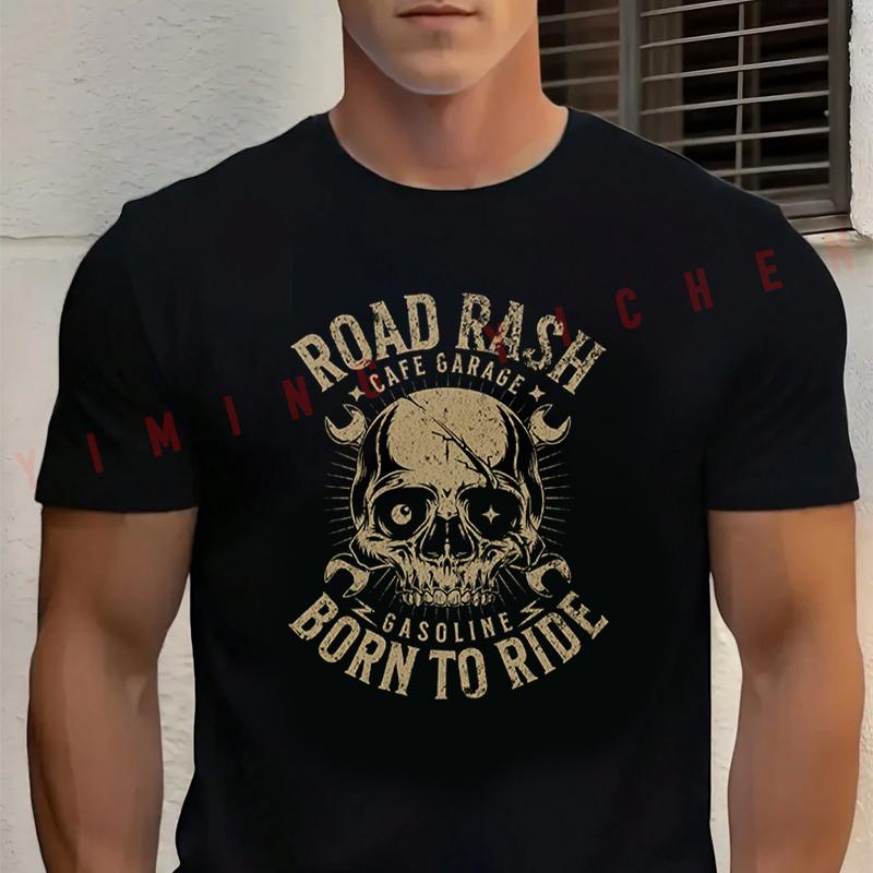 Black ROAD RASH BORN TO RIDE Graphic Moto Cotton T-Shirt New Casual O-neck Short Sleeve Tees