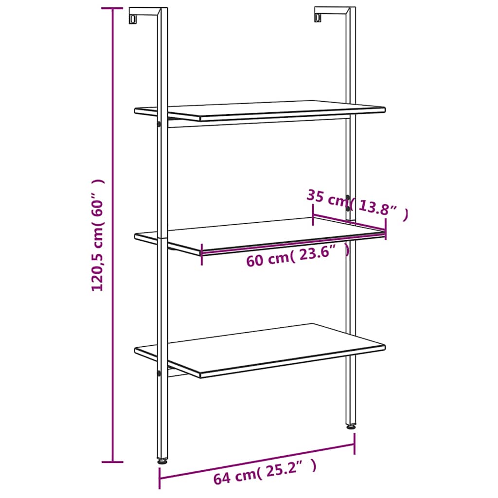Leaning Shelf with 3 Tiers Light Brown and Black 64x35x120.5 cm