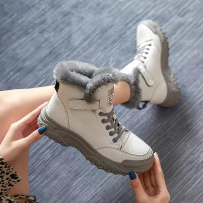 4,5 см Плюшевые Осенние Ботильоны на танкетке с резиновой подошвой Большого размера Толстая подошва Обувь Коровья натуральная кожа Ботильоны Женские Весенние До колена Зимние