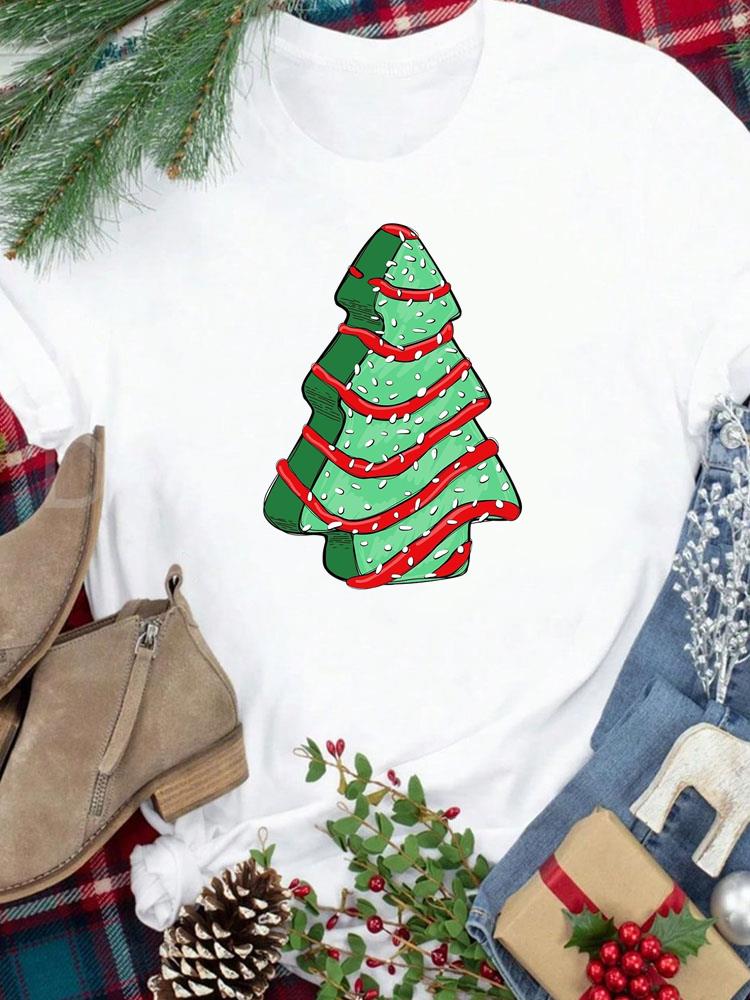 (Asian Size) Star Trend Cute New Year Festival Women Print Holiday Tee Top Merry Christmas Casual Lady Short Sleeve Fashion Graphic T-shirts