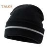 Men Outdoor Hat with Reflective Stripe High Elasticity Keep Warm Solid Color Folded Brim Nocturnal Sport Cap High-Visibility Knitted Headwear for