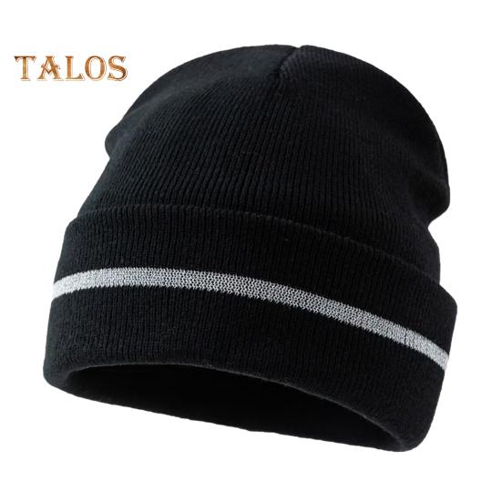 Men Outdoor Hat with Reflective Stripe High Elasticity Keep Warm Solid Color Folded Brim Nocturnal Sport Cap High-Visibility Knitted Headwear for