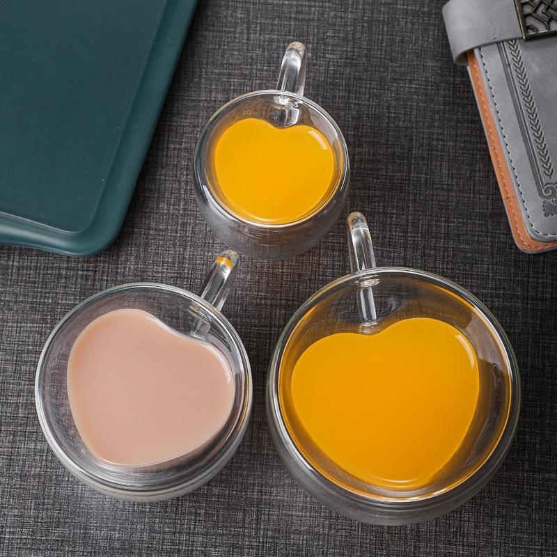 Стеклянная кружка для кофе в форме сердца с двойными стенками для питья чая, молока, сока, воды, стаканы, термостойкие, набор для питья, подарок для влюбленных