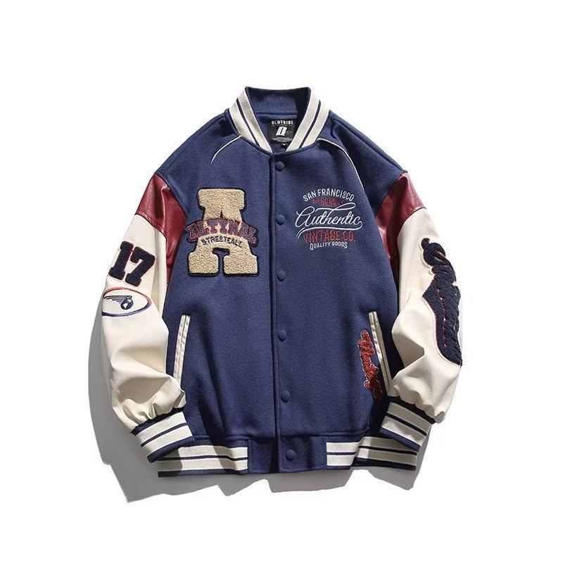 Мужская бейсбольная куртка в стиле ретро весна/осень 2024 года — свободный крой, спортивный стиль с цветовыми блоками