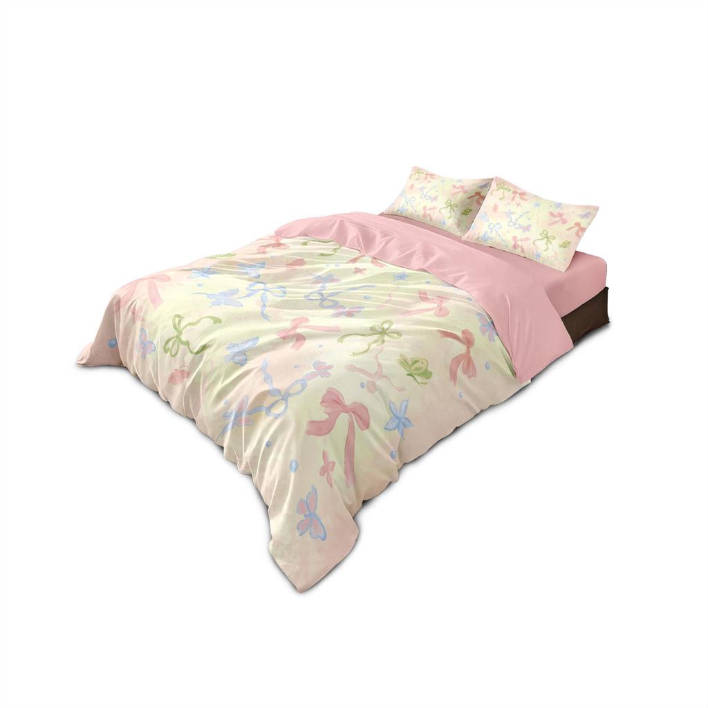 3Pcs Pink Dreamy Sweet Bow Printed Coreless Bedding Set Multi Size Bedroom Bedding Decoration Soft And Comfortable