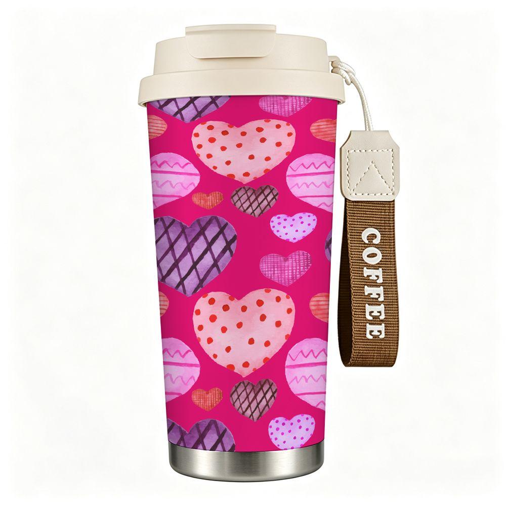 Watercolor Pink Heart Pattern Insulated Coffee Tumbler Stainless Steel Travel Mug Reusable Cup for Valentine Gift Office School