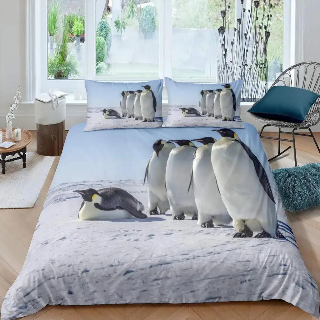 Penguin Duvet Cover Set Full Cute Animals Bedding Set Snow Decor Comforter Cover Set Cute Penguin Animal Quilt Cover Queen Size