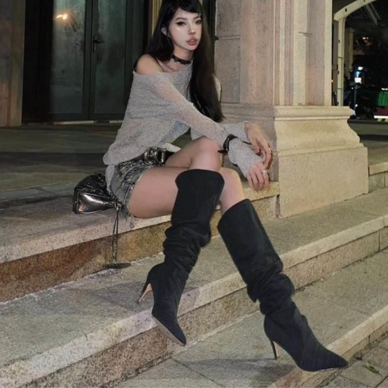 Весенние и осенние модные женские сапоги, новые однотонные джинсовые сапоги с острым носком и шпилькой, на высоком каблуке, с рукавами, женские высокие сапоги