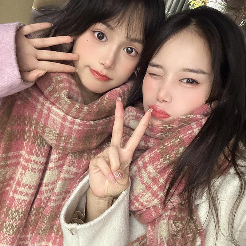 Plaid Scarf Women's Korean Style Warm Atmosphere New Dry Rose Pink Whitening Soft Tassel Shawl Scarf