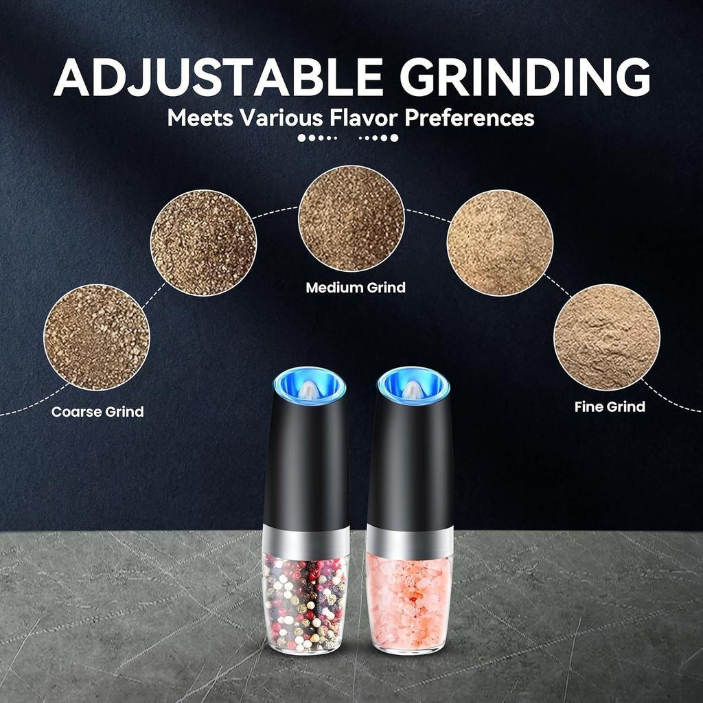 Электрические мельницы для соли и перца с гравитационным механизмом, работающие от батареек, со светодиодной подсветкой, автоматическое управление одной рукой