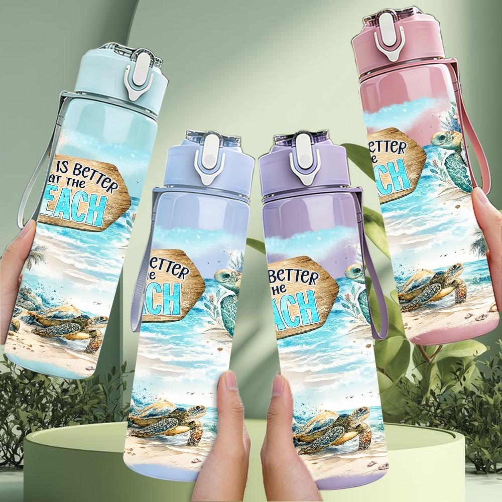 1PC Tropical Beach Vacation Scenery Art 750ml Color Plastic Sports Water Bottle Leakproof Flip Straw Lid Suitable for Sports Office Home Use