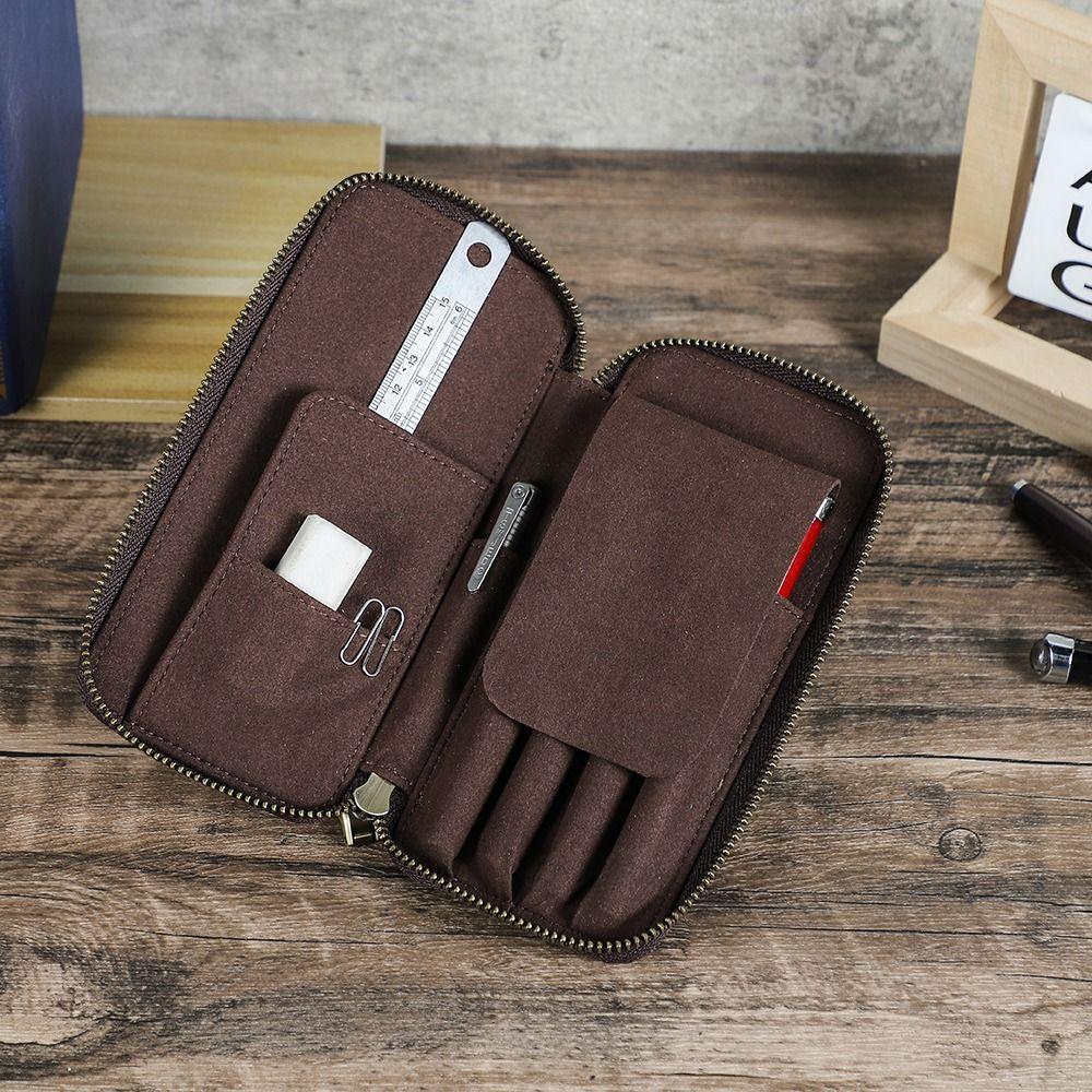 Винтажный стиль Натуральная кожа Пенал 4 отделения Дизайн Чехол для ручек Сумка для карандашей Канцелярские товары