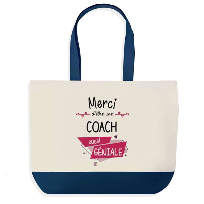 Sac cabas - PLANETEE - Sac shopping fond bleu «Merci Coach» - Coton 40x45 cm - Grand format - Fabriqué en France
