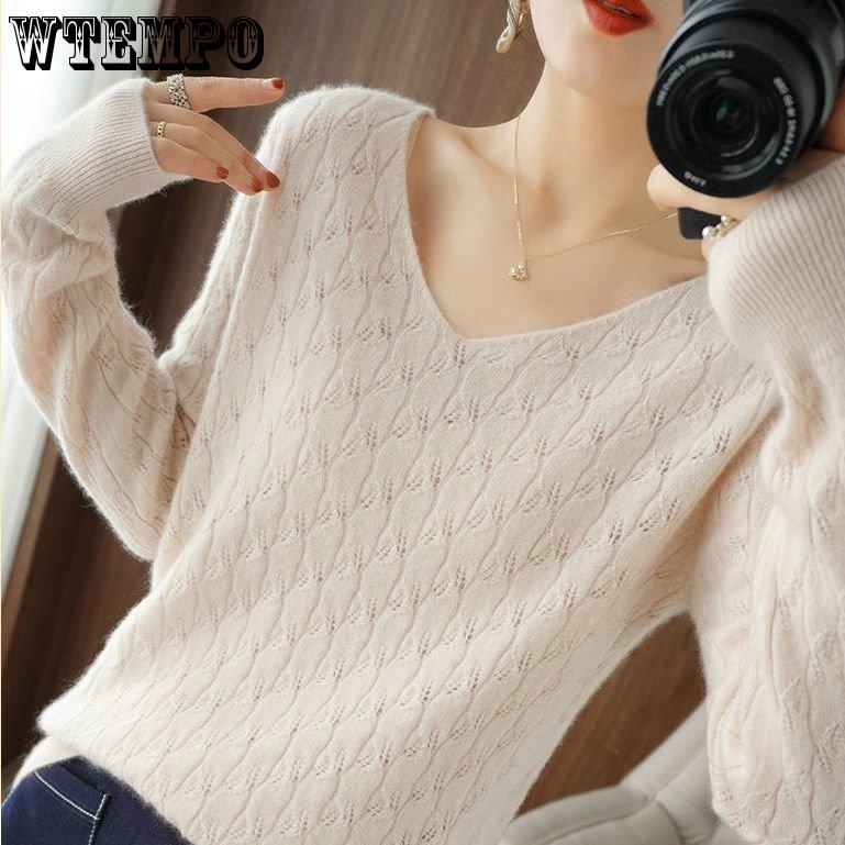 Свободный однотонный вязаный свитер с v-образным вырезом, женский тонкий весенне-осенний ажурный низ с длинными рукавами, модная верхняя одежда, топ