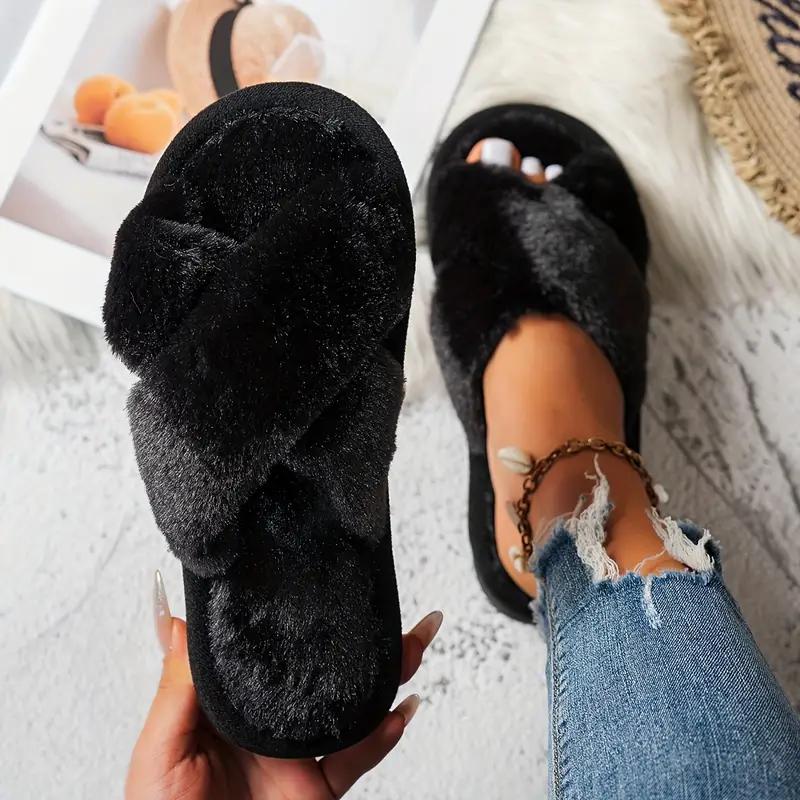 Женские уютные плюшевые шлепанцы с открытым носком и перекрещивающимися ремешками - Мягкие, пушистые домашние тапочки для комфорта осенью и зимой, домашняя обувь