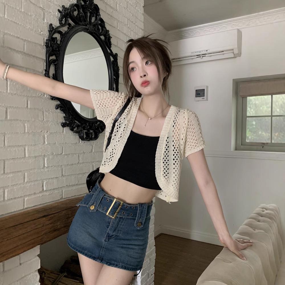 Легкий вязаный кардиган: Легкий, Защищающий от солнца, Летний вязаный кардиган с коротким рукавом для женщин
